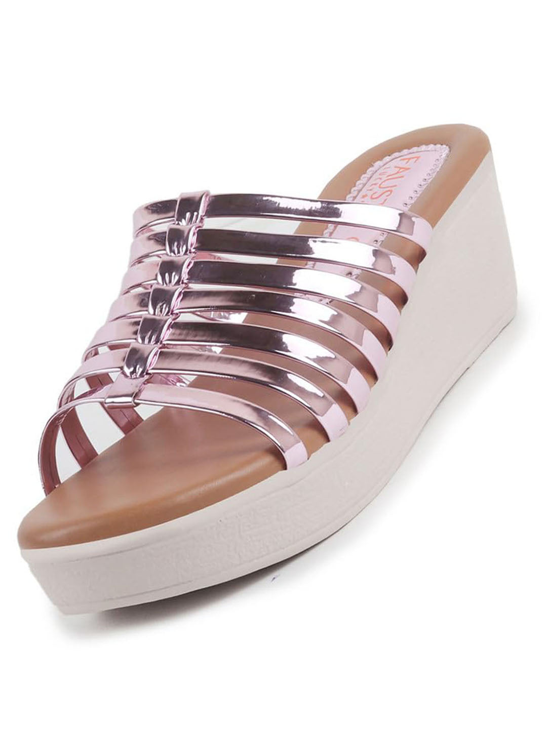 women rose shiny open toe multi strap wedge heel height enhancer ethnic sandals|slippers for wedding|festive|occasion