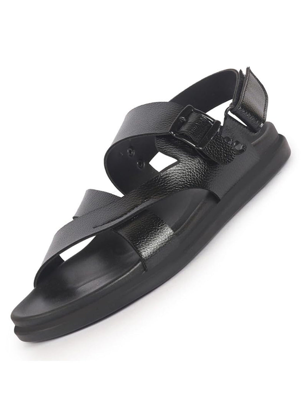 Men Black Open Toe Hook & Loop Adjustable Strap Criss Cross Dress Slip On Sandals|Non Skid Sole Slippers|PU PAD Insole