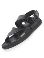 Men Black Open Toe Hook & Loop Adjustable Strap Criss Cross Dress Slip On Sandals|Non Skid Sole Slippers|PU PAD Insole