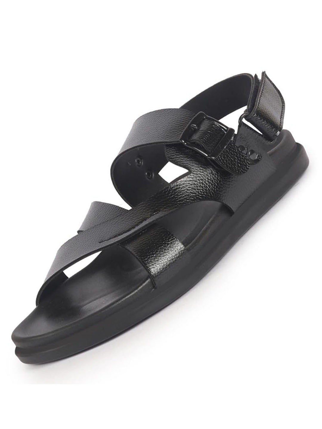 Men Black Open Toe Hook & Loop Adjustable Strap Criss Cross Dress Slip On Sandals|Non Skid Sole Slippers|PU PAD Insole