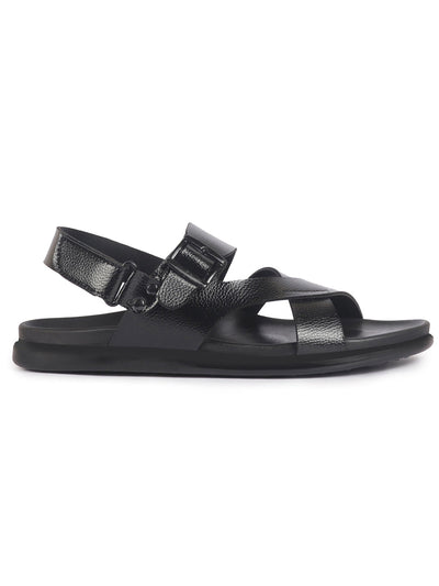 Men Black Open Toe Hook & Loop Adjustable Strap Criss Cross Dress Slip On Sandals|Non Skid Sole Slippers|PU PAD Insole