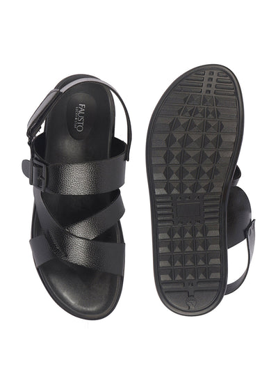 Men Black Open Toe Hook & Loop Adjustable Strap Criss Cross Dress Slip On Sandals|Non Skid Sole Slippers|PU PAD Insole