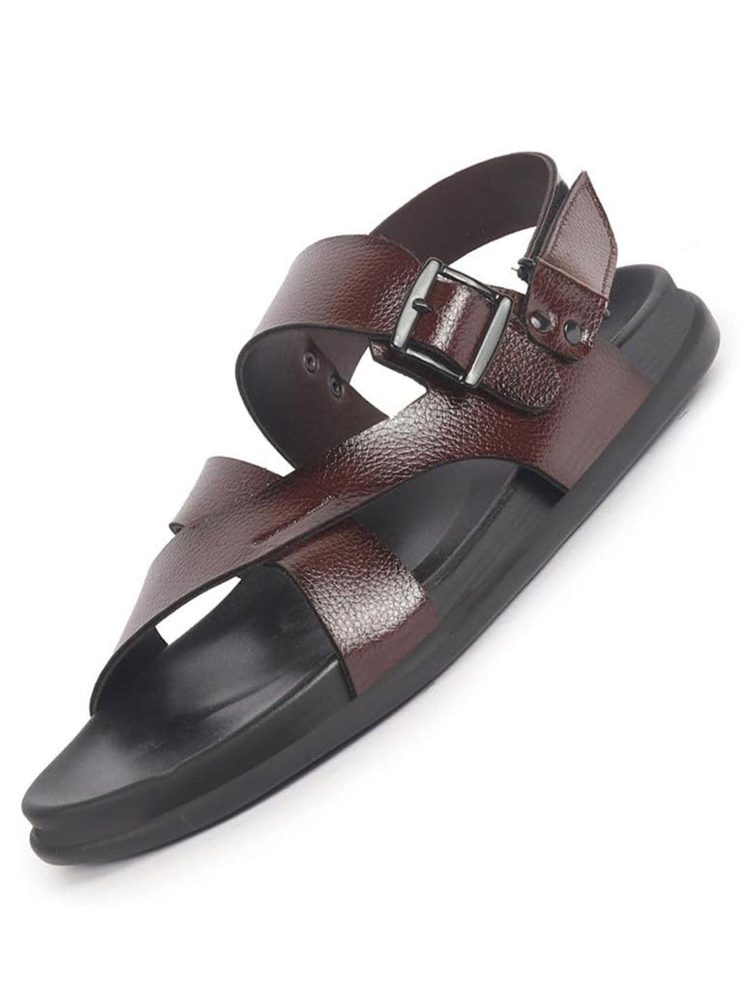 Men Brown Open Toe Hook & Loop Adjustable Strap Criss Cross Dress Slip On Sandals|Non Skid Sole Slippers|PU PAD Insole