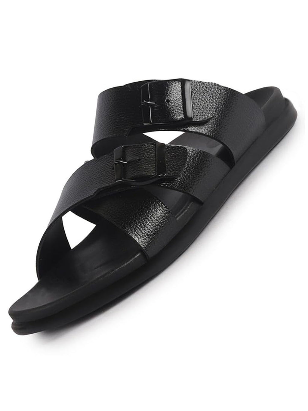 Men Black Open Toe Multi Adjustable Strap Ethnic Slip On Sandals|Anti-Skid Sole Slippers|Memory Cushion Insole