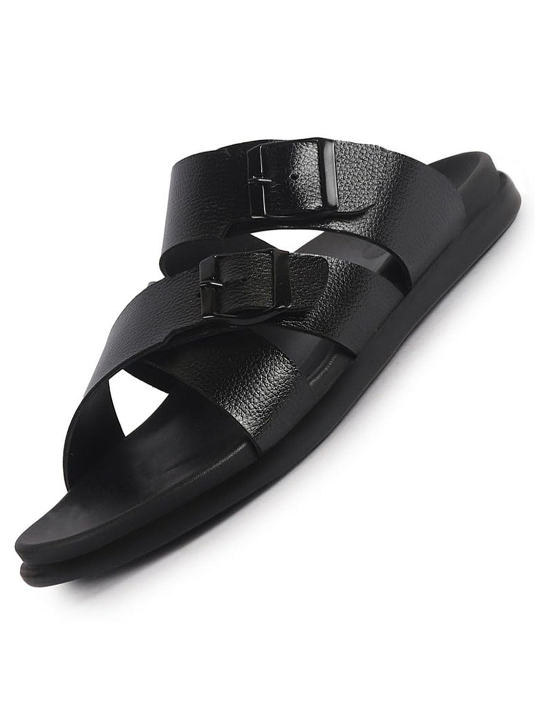 Men Black Open Toe Multi Adjustable Strap Ethnic Slip On Sandals|Anti-Skid Sole Slippers|Memory Cushion Insole