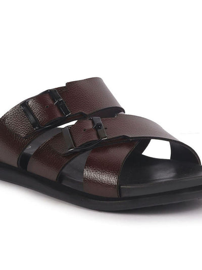 Men Brown Open Toe Multi Adjustable Strap Ethnic Slip On Sandals|Anti-Skid Sole Slippers|Memory Cushion Insole