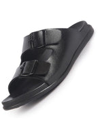 Men Black Open Toe Multi Adjustable Strap Ethnic Kurta Slip On Sandals|Anti-Skid Sole Slippers|Memory Cushion Insole