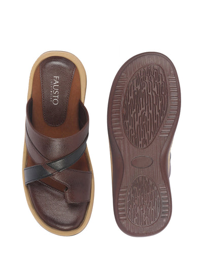 Men Brown Toe Ring Broad Feet Criss Cross Design Summer Slip On Slippers|Dress Sandals Slip On|Anti Skid Sole