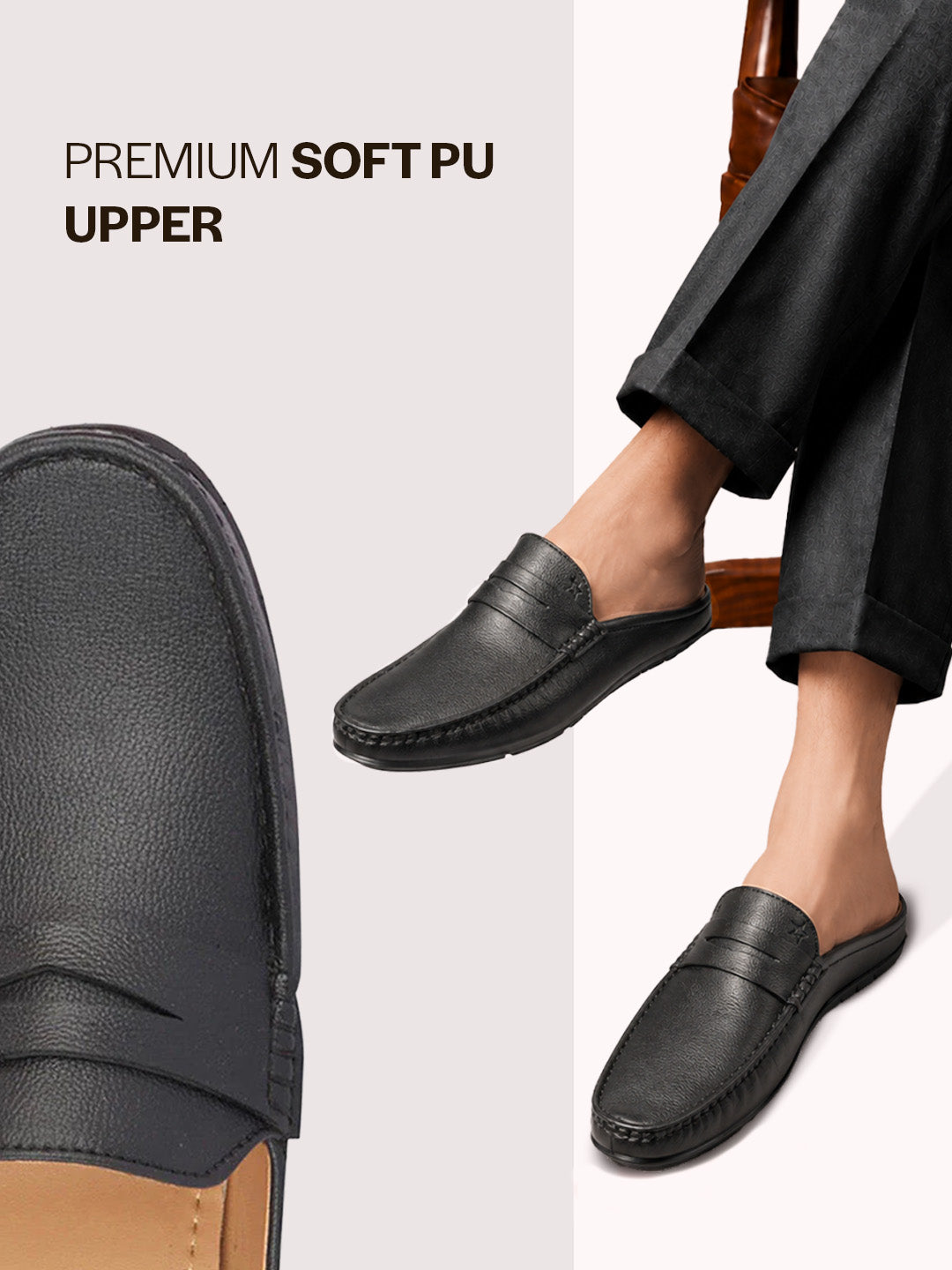 men black slip on back open stitched mules casual shoes