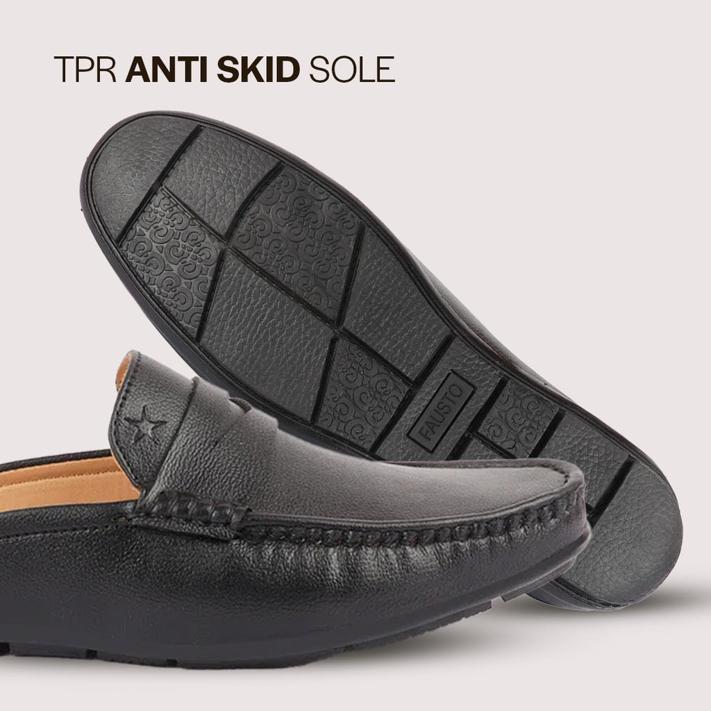 men black slip on back open stitched mules casual shoes