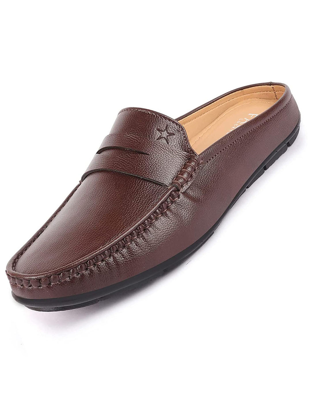 Shop Men Brown Slip On Back Open Stitched Mules Casual Shoes Online.