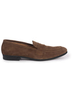 men olive suede leather outdoor penny loafer shoes