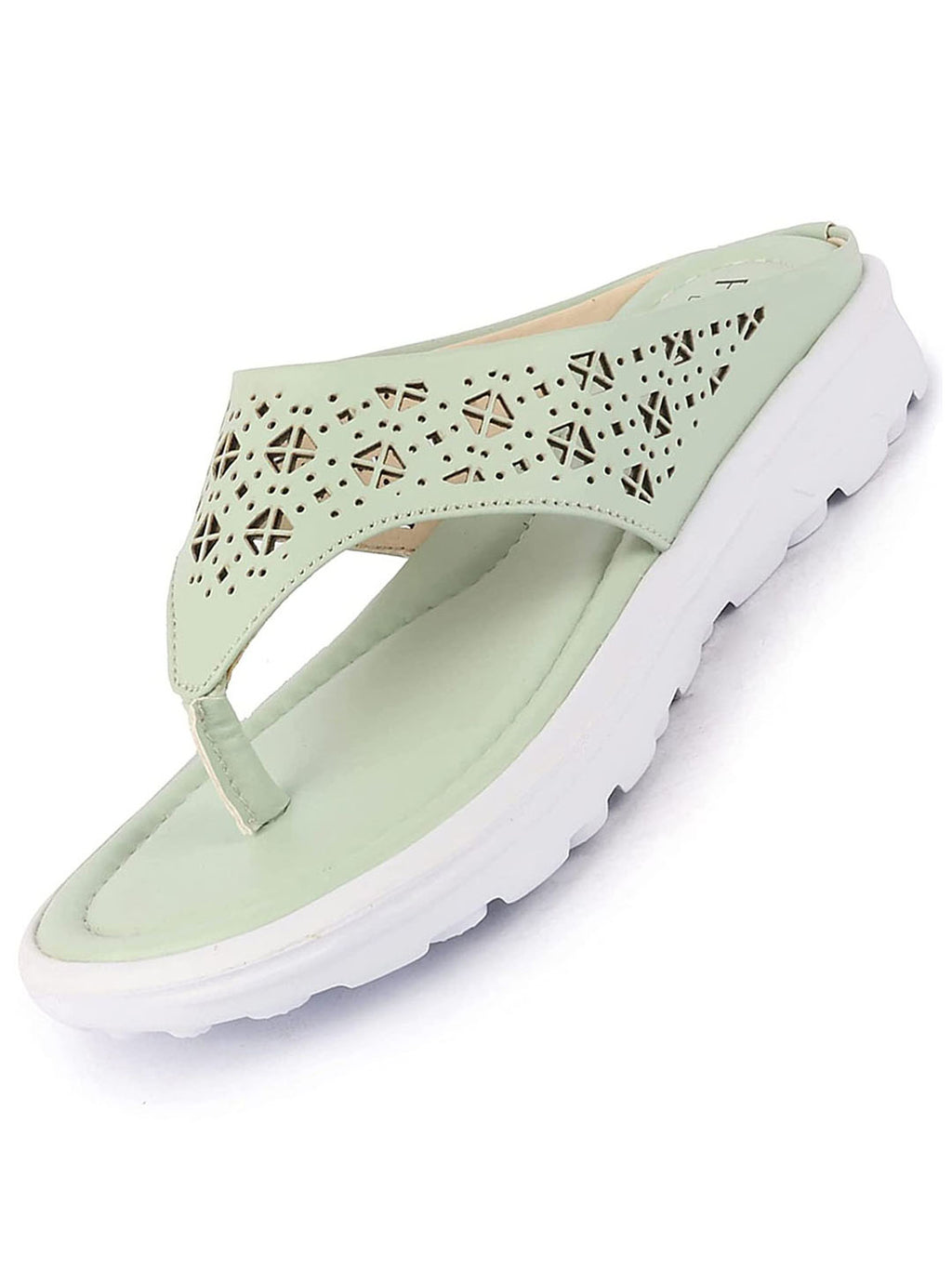 Shop Women Green Party Fashion Stylish Laser Cut Design Strap Thong Flats Wedges Slipper Online.