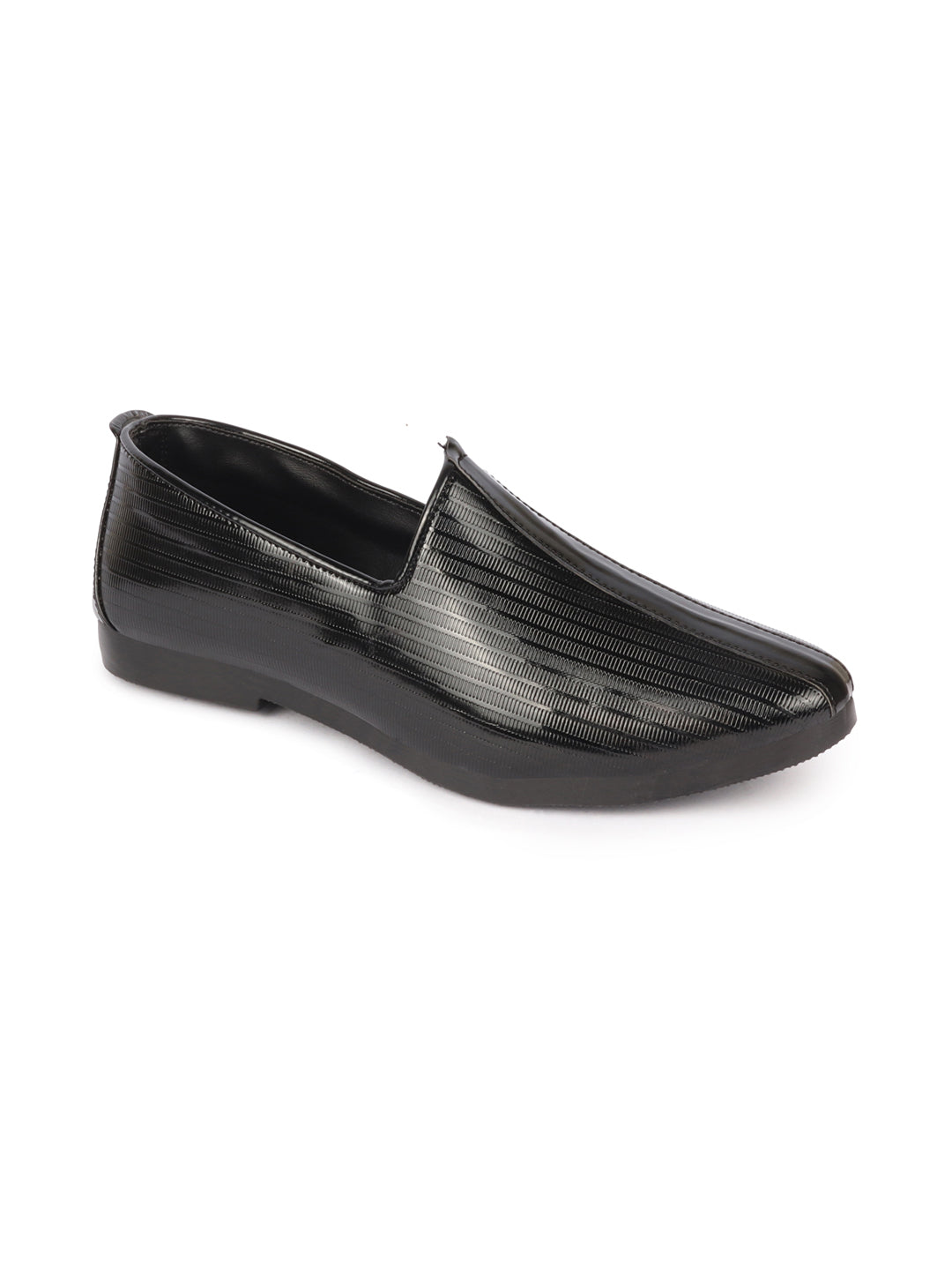 Shop Men Black Glossy Shine Textured Design Wedding Festive Ethnic Slip On Jutis and Mojaris Online.
