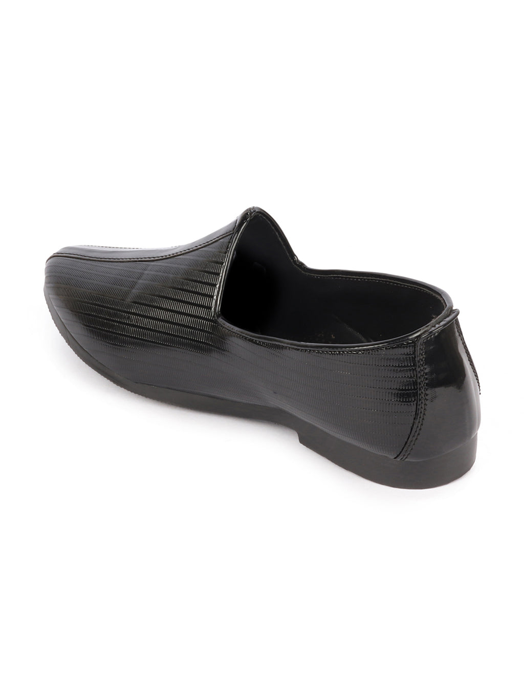 Shop Men Black Glossy Shine Textured Design Wedding Festive Ethnic Slip On Jutis and Mojaris Online.