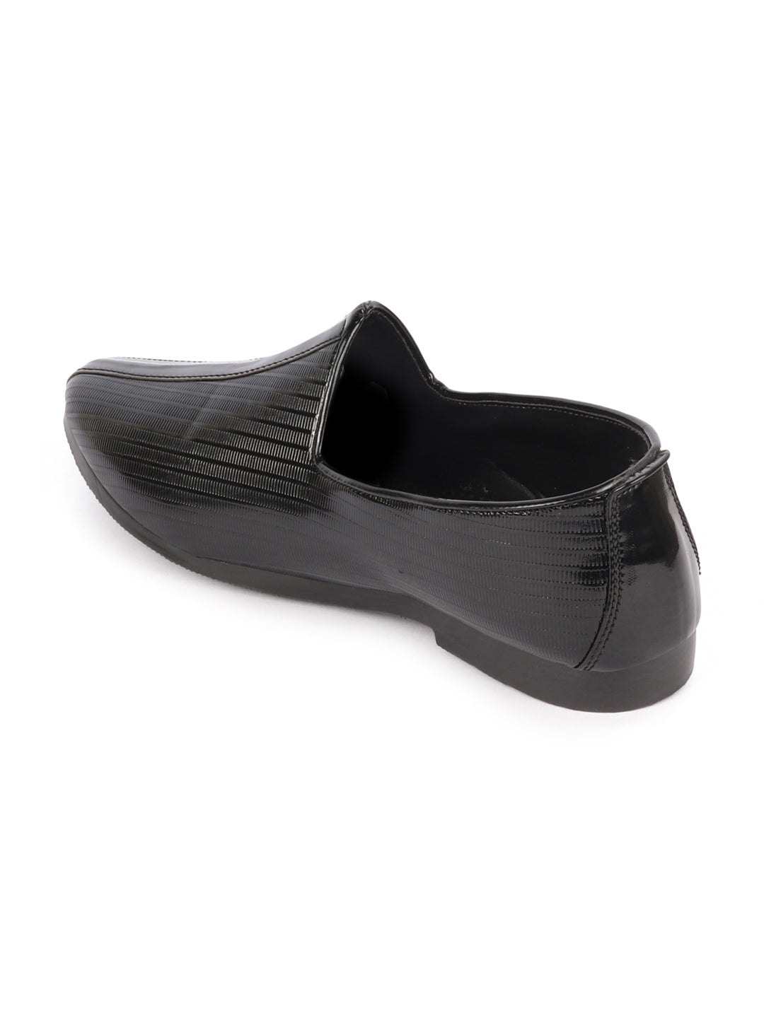 Shop Men Black Glossy Shine Textured Design Wedding Festive Ethnic Slip On Jutis and Mojaris Online.
