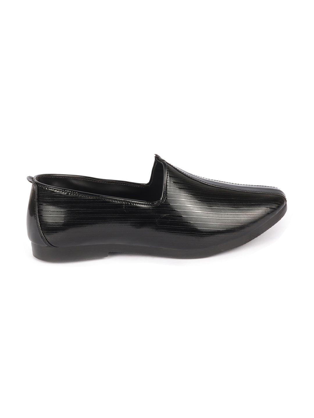 Shop Men Black Glossy Shine Textured Design Wedding Festive Ethnic Slip On Jutis and Mojaris Online.