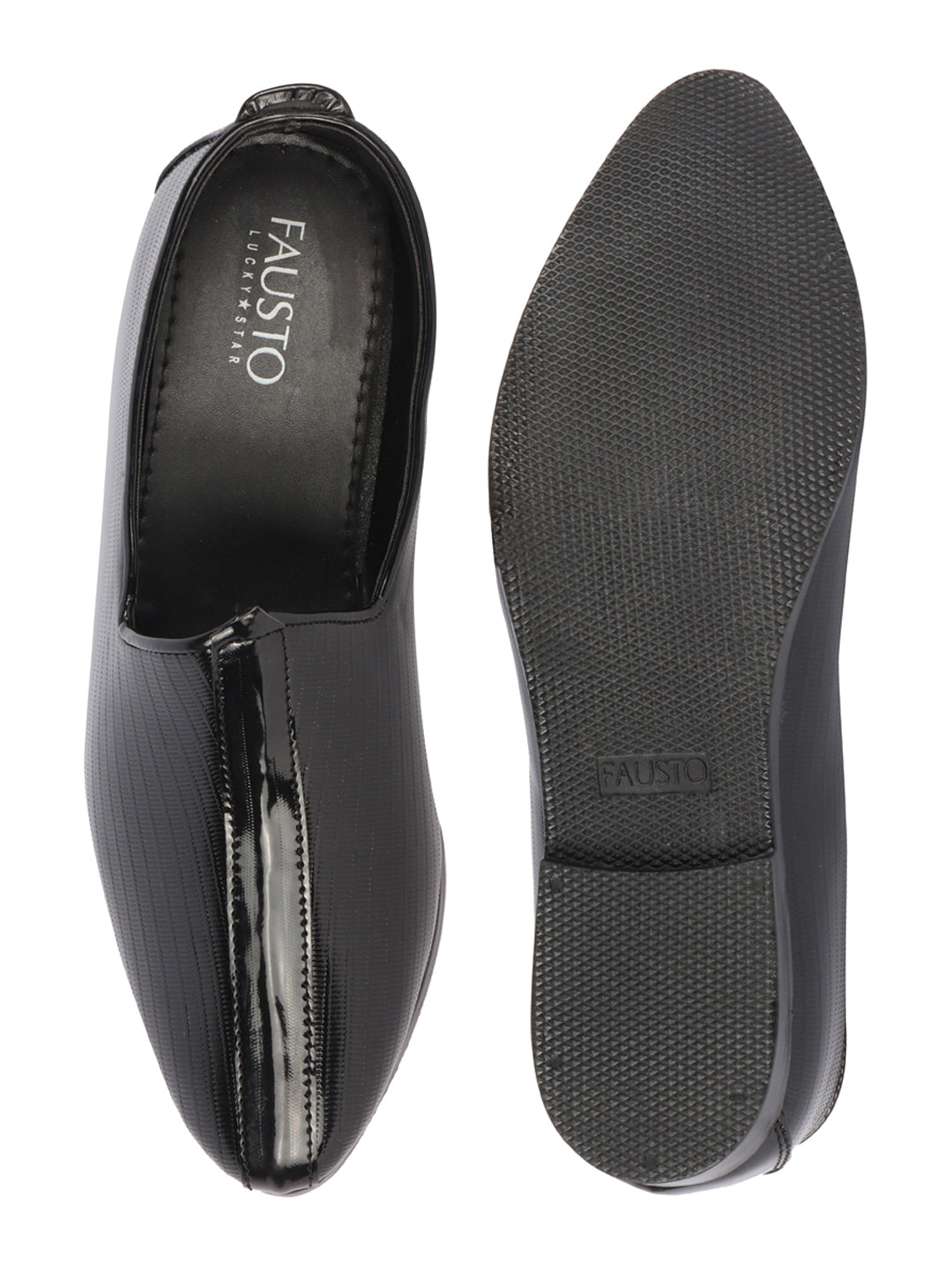 Shop Men Black Glossy Shine Textured Design Wedding Festive Ethnic Slip On Jutis and Mojaris Online.