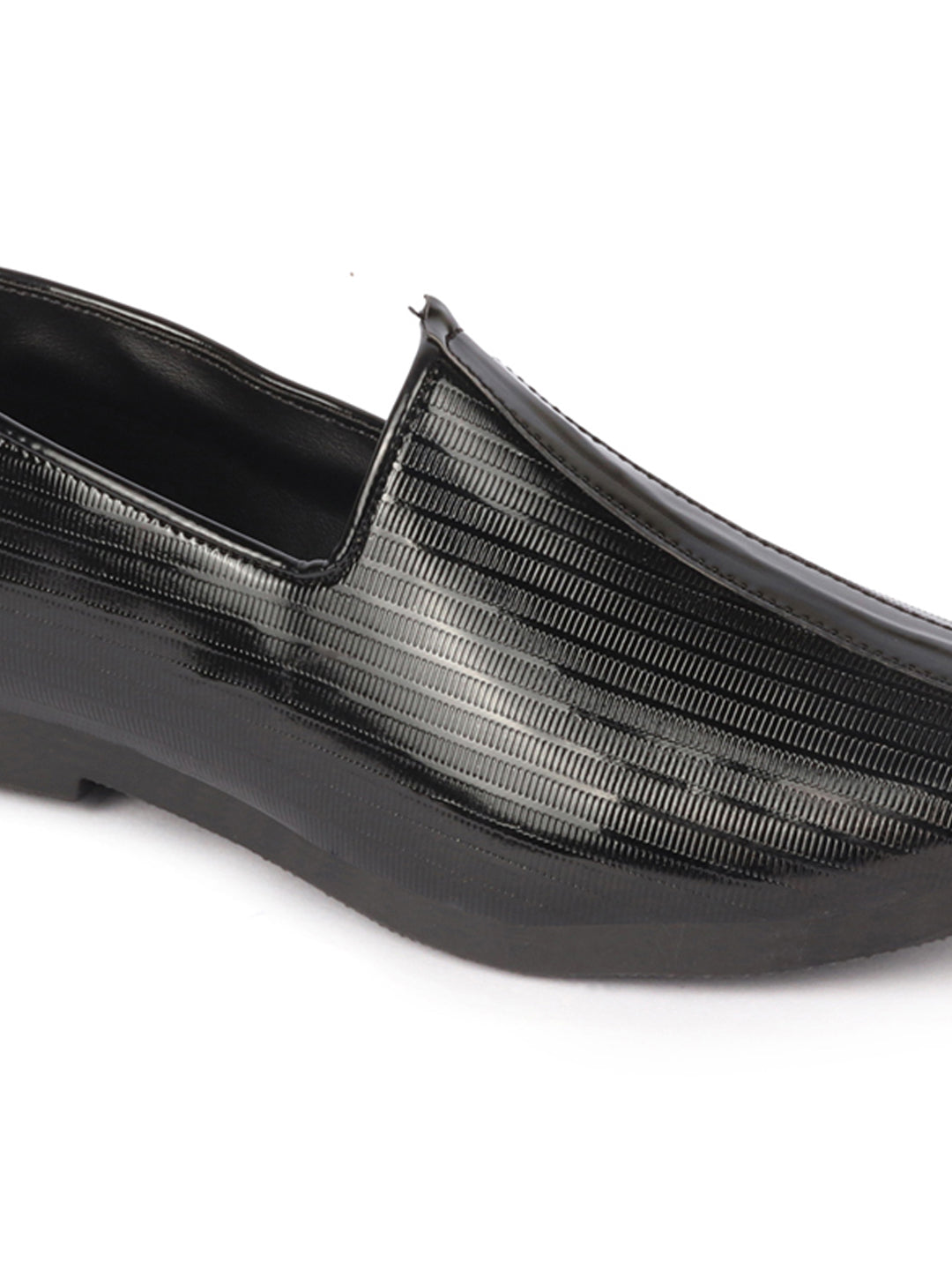 Shop Men Black Glossy Shine Textured Design Wedding Festive Ethnic Slip On Jutis and Mojaris Online.