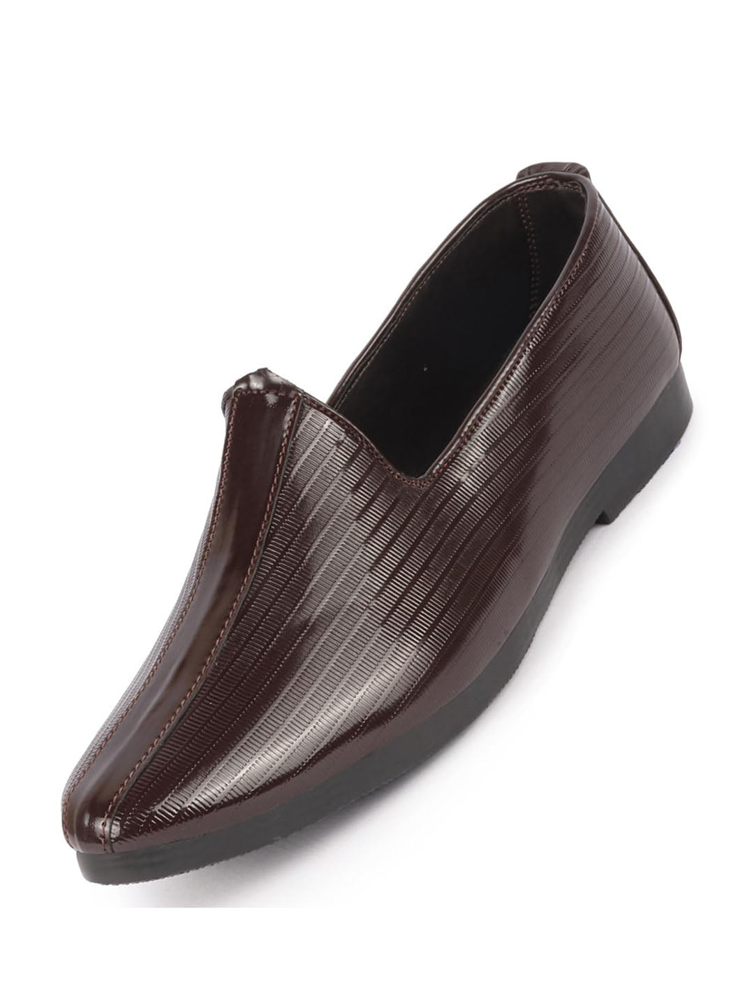 Shop Men Brown Glossy Shine Textured Design Wedding Festive Ethnic Slip On Jutis and Mojaris Online.