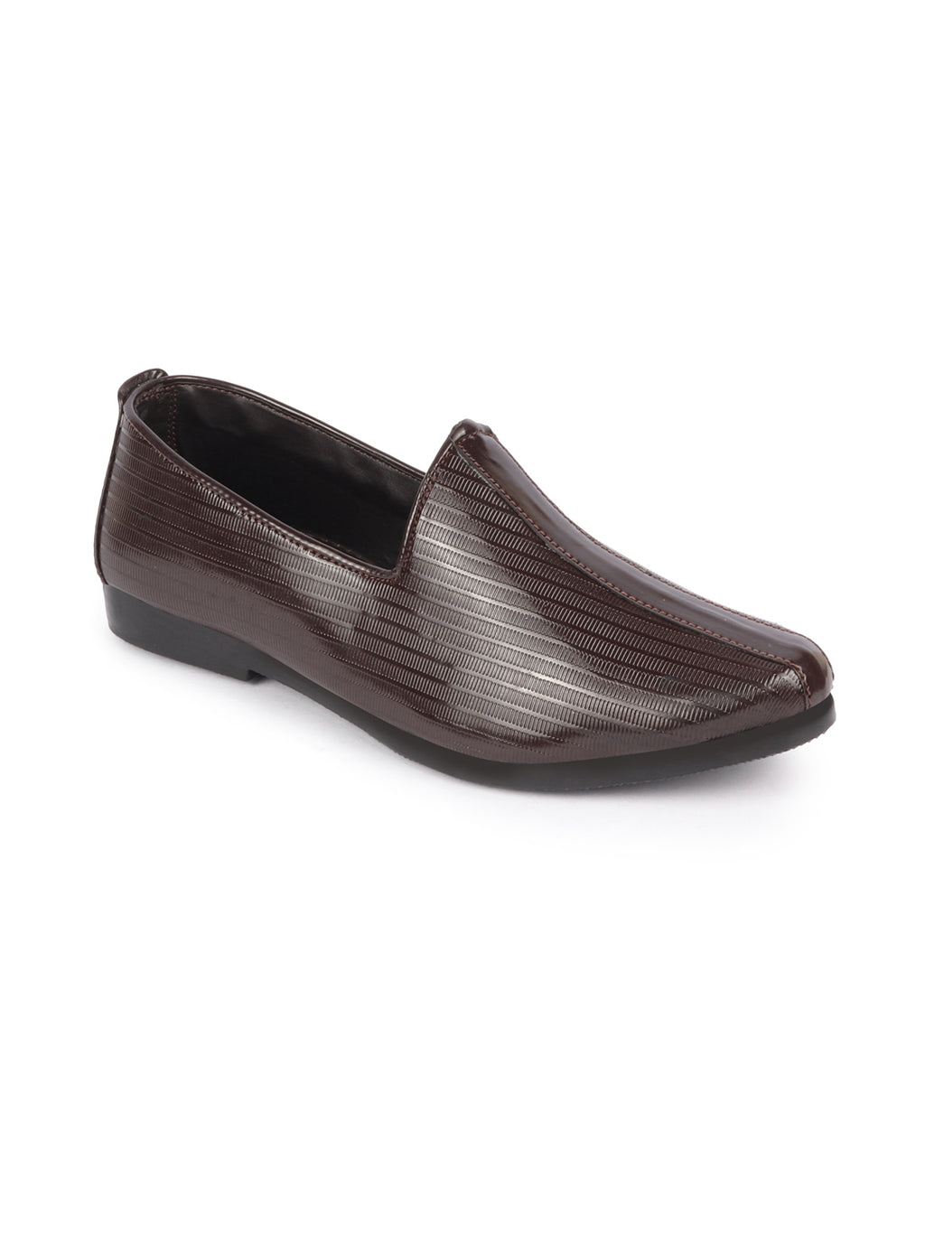 Shop Men Brown Glossy Shine Textured Design Wedding Festive Ethnic Slip On Jutis and Mojaris Online.