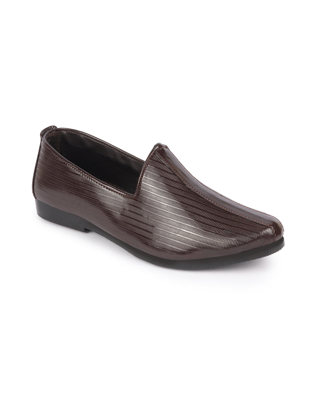 Shop Men Brown Glossy Shine Textured Design Wedding Festive Ethnic Slip On Jutis and Mojaris Online.