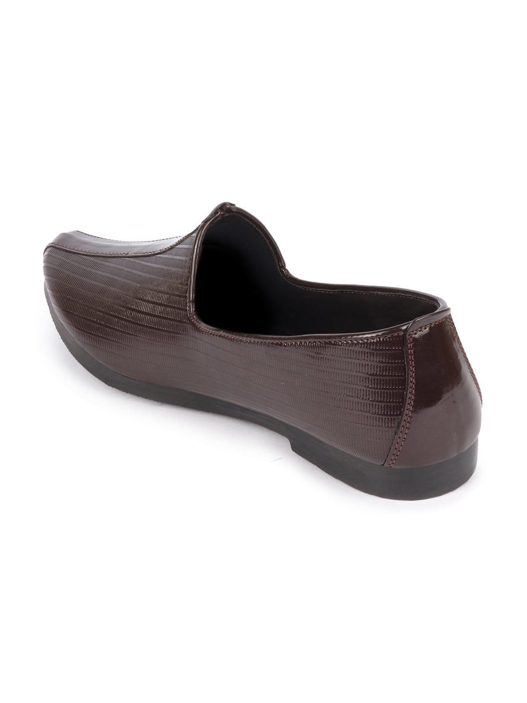Shop Men Brown Glossy Shine Textured Design Wedding Festive Ethnic Slip On Jutis and Mojaris Online.