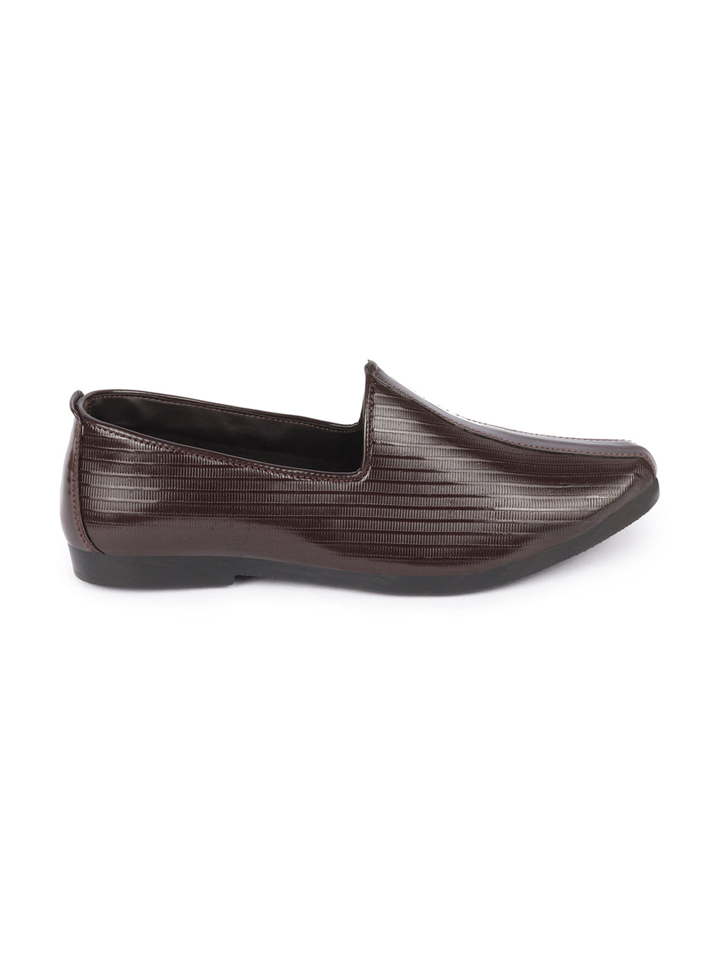 Shop Men Brown Glossy Shine Textured Design Wedding Festive Ethnic Slip On Jutis and Mojaris Online.