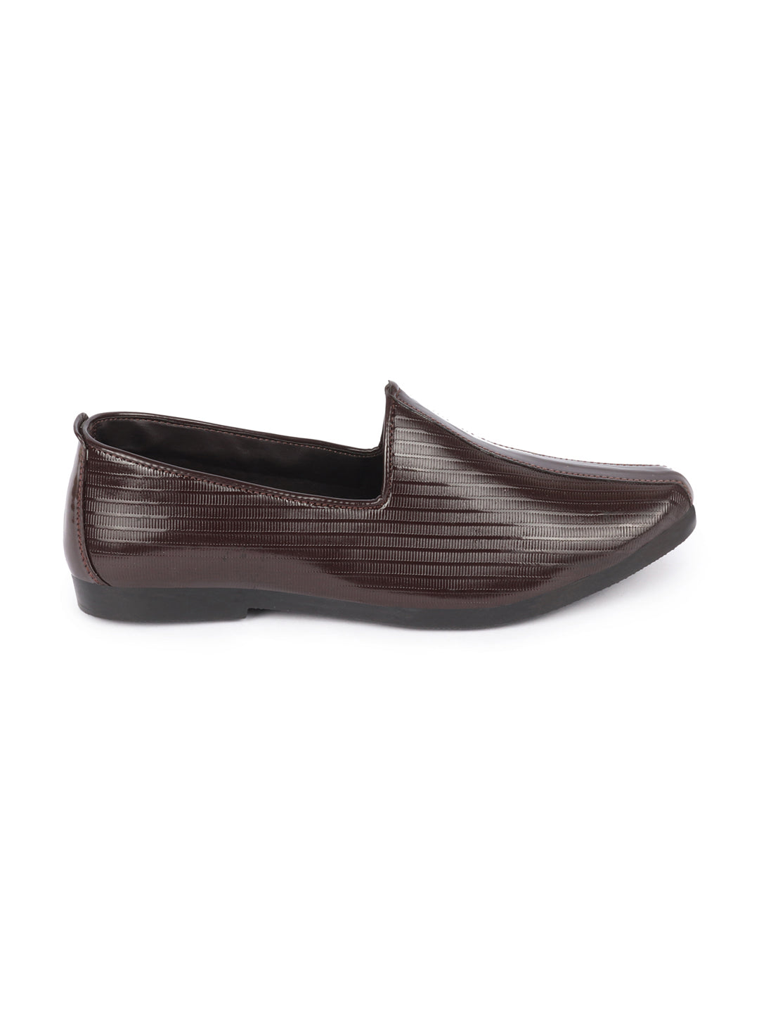 Shop Men Brown Glossy Shine Textured Design Wedding Festive Ethnic Slip On Jutis and Mojaris Online.