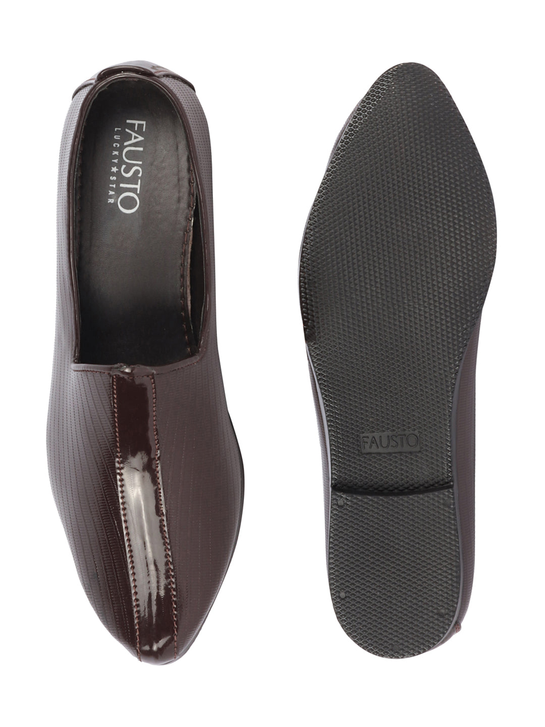 Shop Men Brown Glossy Shine Textured Design Wedding Festive Ethnic Slip On Jutis and Mojaris Online.