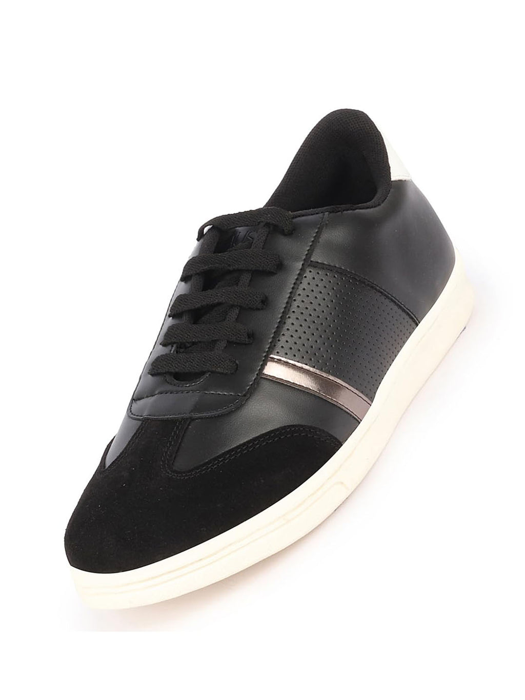 Shop Men Black Embellished Strip Breathable Upper PU Suede Leather Lace Up Sneakers Shoes Online.