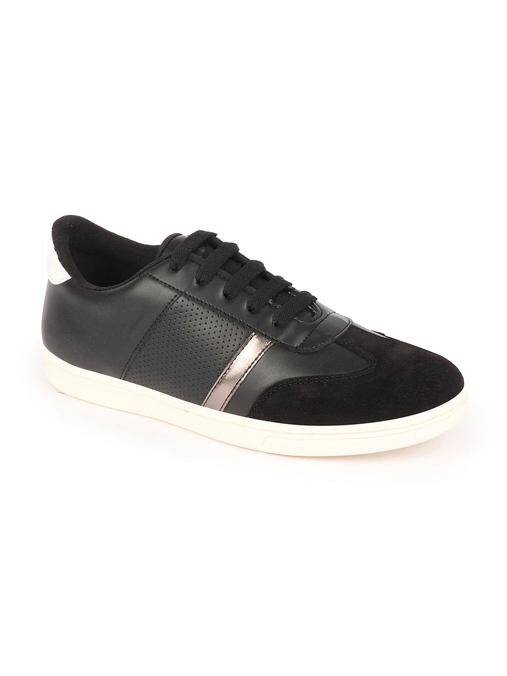 Shop Men Black Embellished Strip Breathable Upper PU Suede Leather Lace Up Sneakers Shoes Online.