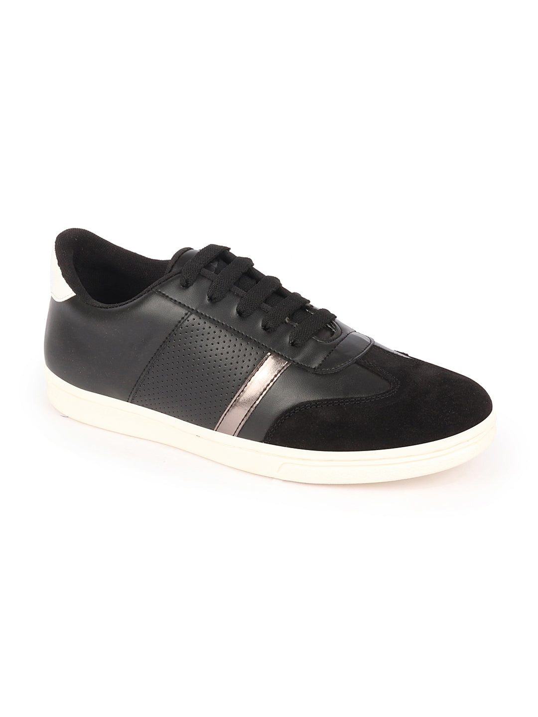 Shop Men Black Embellished Strip Breathable Upper PU Suede Leather Lace Up Sneakers Shoes Online.