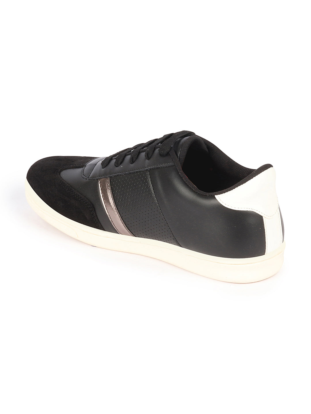 Shop Men Black Embellished Strip Breathable Upper PU Suede Leather Lace Up Sneakers Shoes Online.