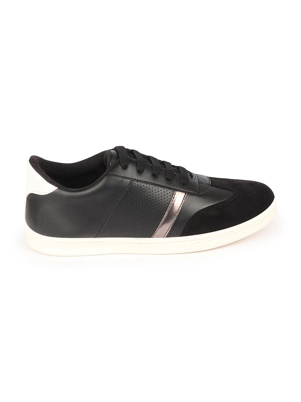 Shop Men Black Embellished Strip Breathable Upper PU Suede Leather Lace Up Sneakers Shoes Online.