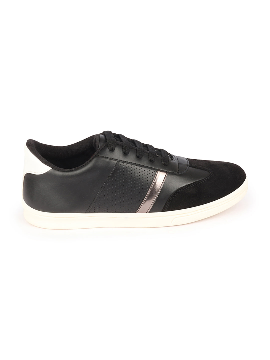 Shop Men Black Embellished Strip Breathable Upper PU Suede Leather Lace Up Sneakers Shoes Online.