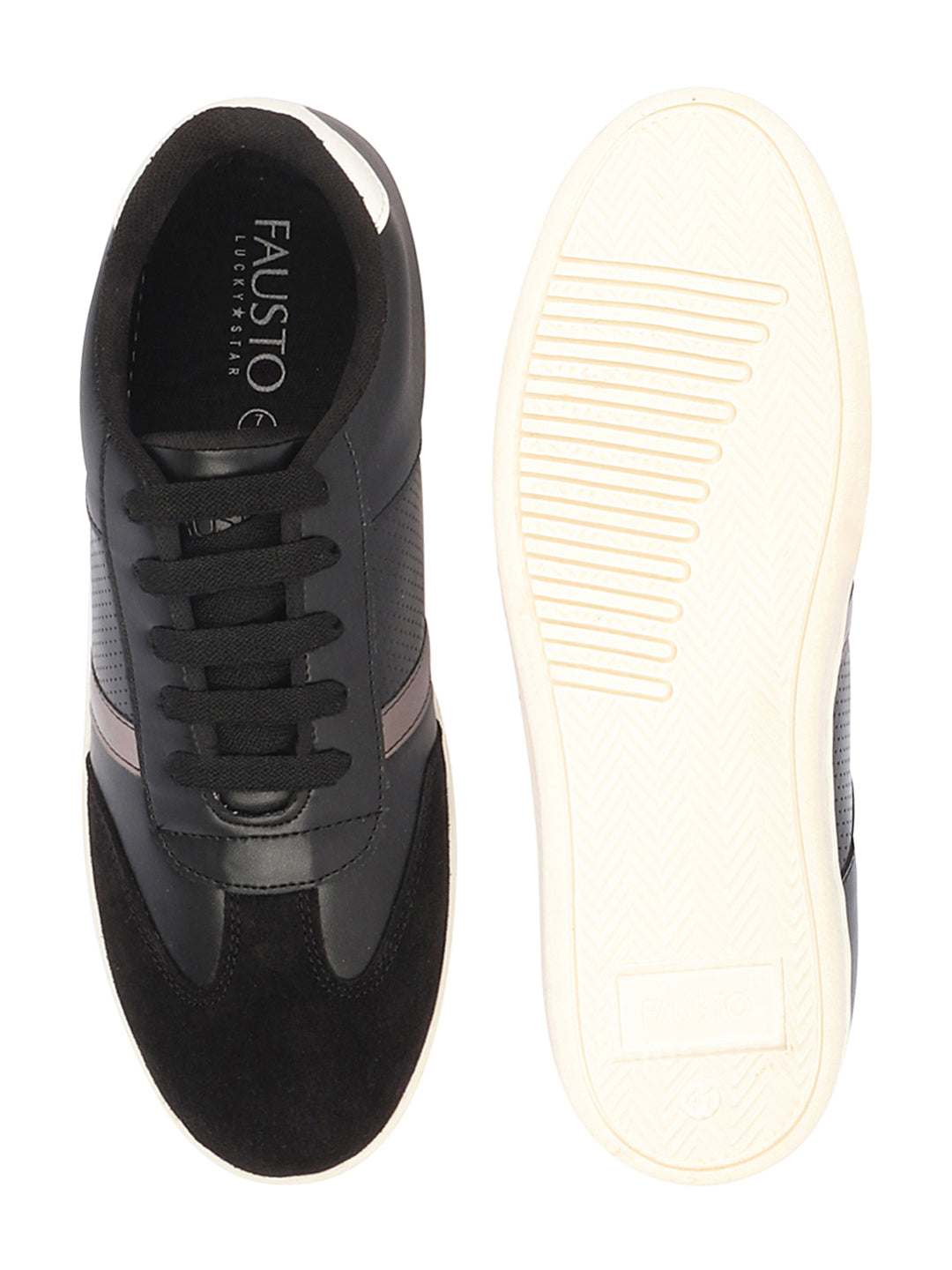 Shop Men Black Embellished Strip Breathable Upper PU Suede Leather Lace Up Sneakers Shoes Online.