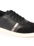 Shop Men Black Embellished Strip Breathable Upper PU Suede Leather Lace Up Sneakers Shoes Online.