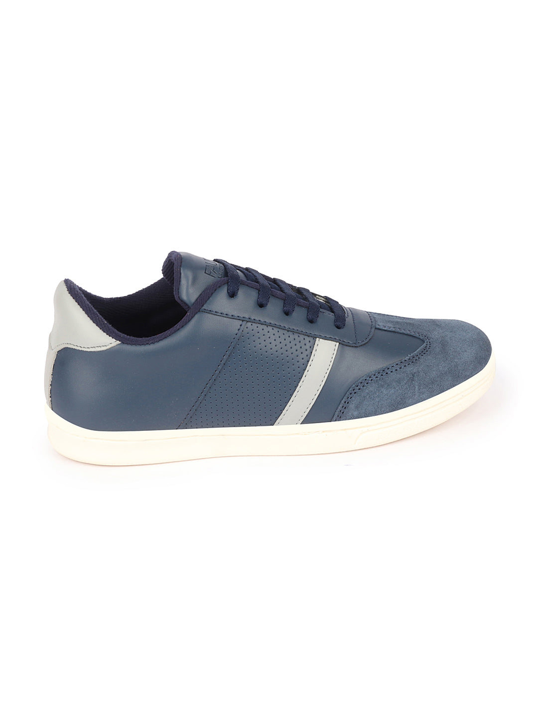 Shop Men Navy Blue Embellished Strip Breathable Upper PU Suede Leather Lace Up Sneakers Shoes Online.