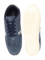 Shop Men Navy Blue Embellished Strip Breathable Upper PU Suede Leather Lace Up Sneakers Shoes Online.