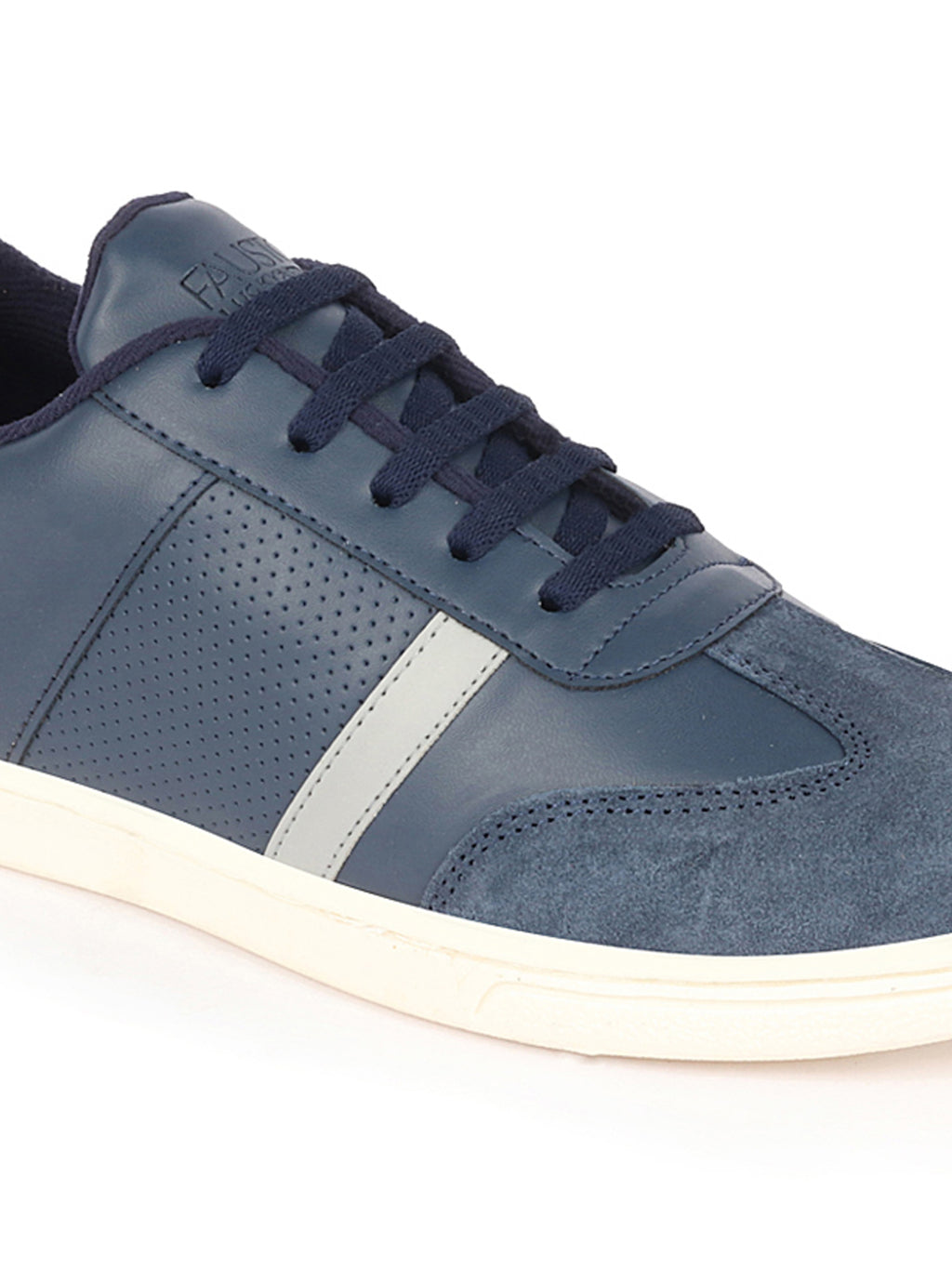 Shop Men Navy Blue Embellished Strip Breathable Upper PU Suede Leather Lace Up Sneakers Shoes Online.