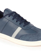 Shop Men Navy Blue Embellished Strip Breathable Upper PU Suede Leather Lace Up Sneakers Shoes Online.