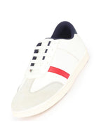 Shop Men White Embellished Strip Breathable Upper PU Suede Leather Lace Up Sneakers Shoes Online.