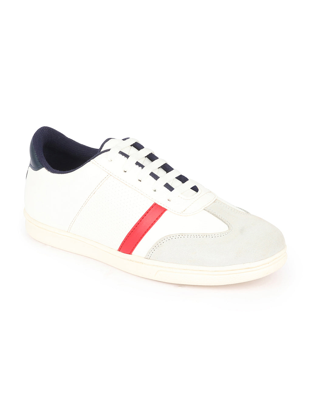 Shop Men White Embellished Strip Breathable Upper PU Suede Leather Lace Up Sneakers Shoes Online.