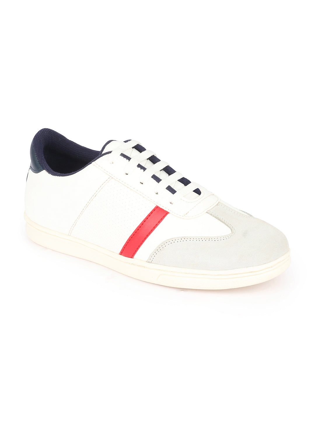 Shop Men White Embellished Strip Breathable Upper PU Suede Leather Lace Up Sneakers Shoes Online.