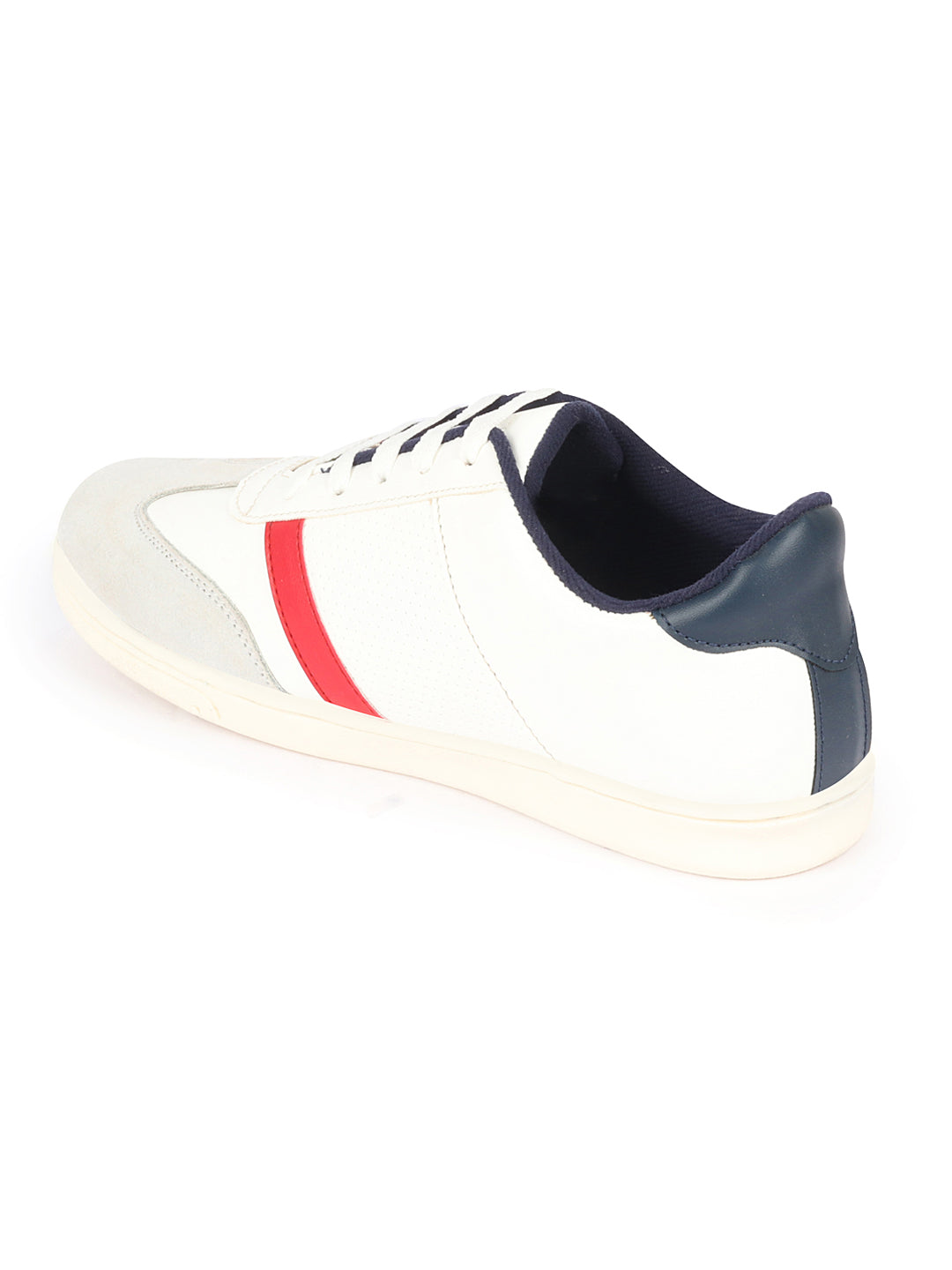 Shop Men White Embellished Strip Breathable Upper PU Suede Leather Lace Up Sneakers Shoes Online.
