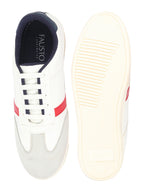 Shop Men White Embellished Strip Breathable Upper PU Suede Leather Lace Up Sneakers Shoes Online.