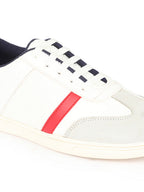 Shop Men White Embellished Strip Breathable Upper PU Suede Leather Lace Up Sneakers Shoes Online.