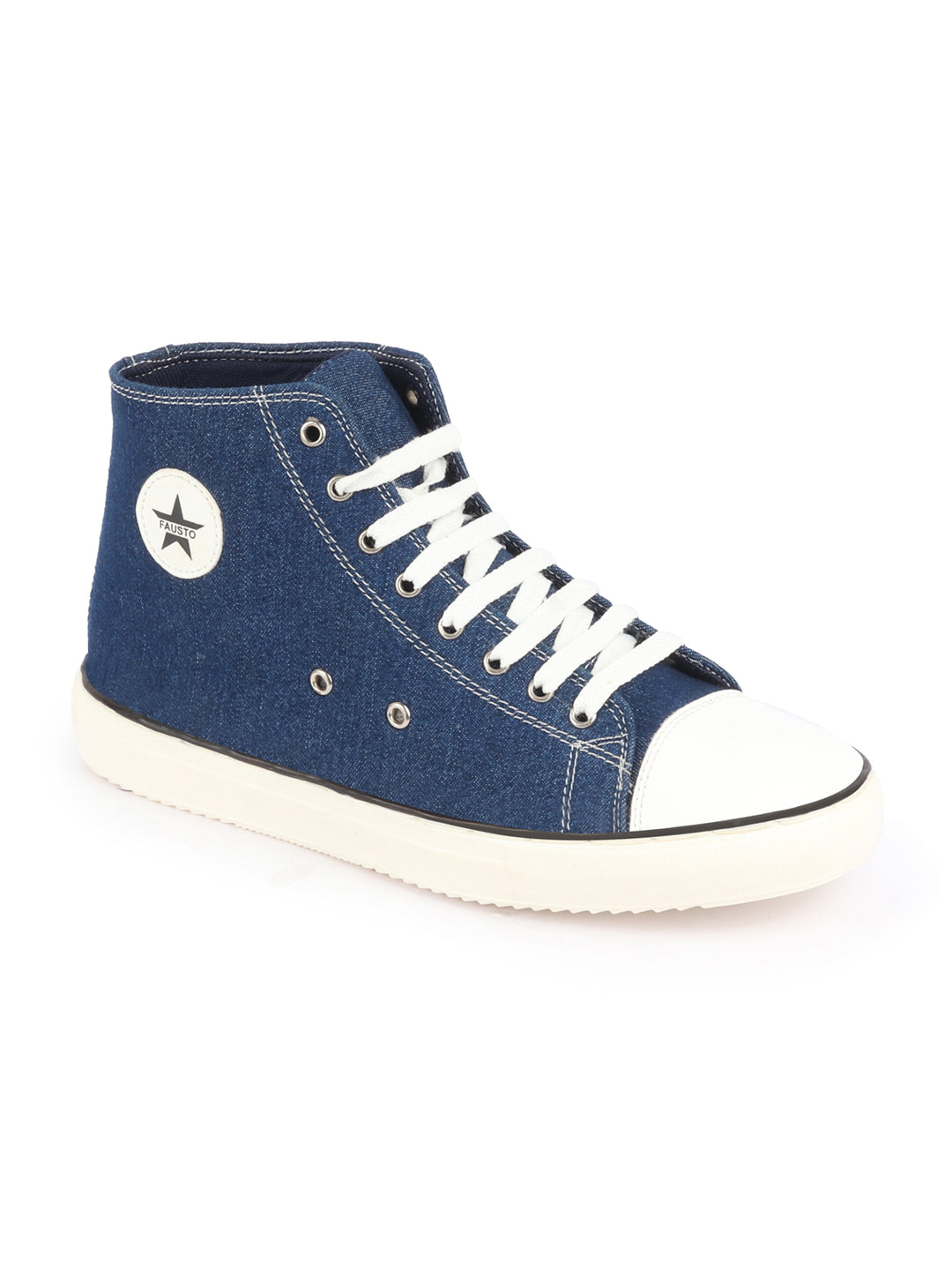 Shop Men Navy Blue Mid Top Star Toe Cap Upper Denim 8-Eye Lace Up Canvas Sneakers Shoes Online.