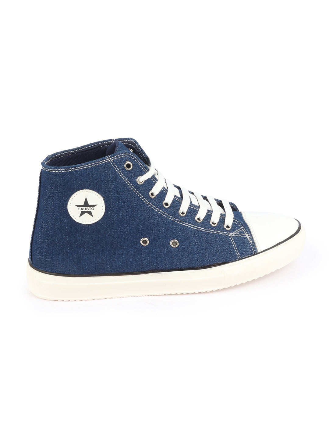 Shop Men Navy Blue Mid Top Star Toe Cap Upper Denim 8-Eye Lace Up Canvas Sneakers Shoes Online.
